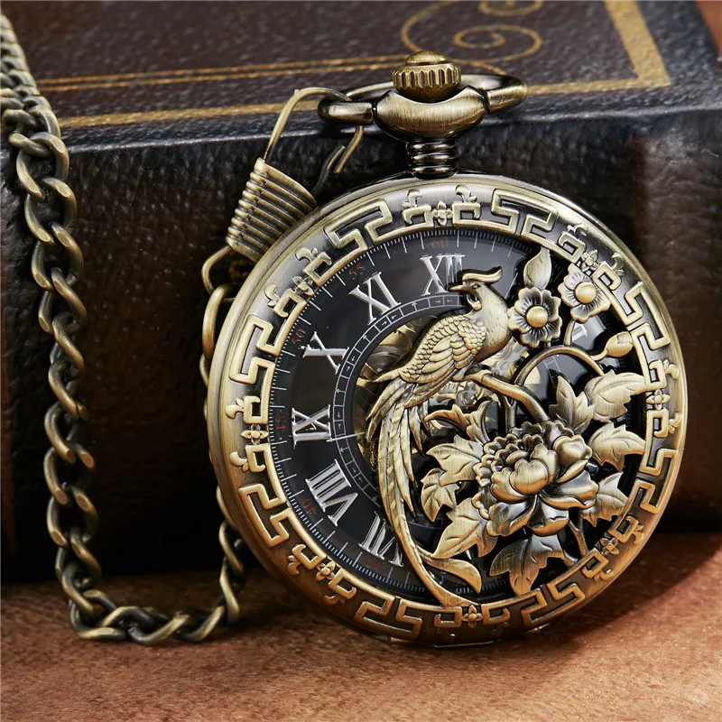Vintage Flower Phoenix Carving Roman Dial Mehanical Pocket Watch FOB Chain  Hand Wind Mechanical Mens Women Wedding Gift Watch