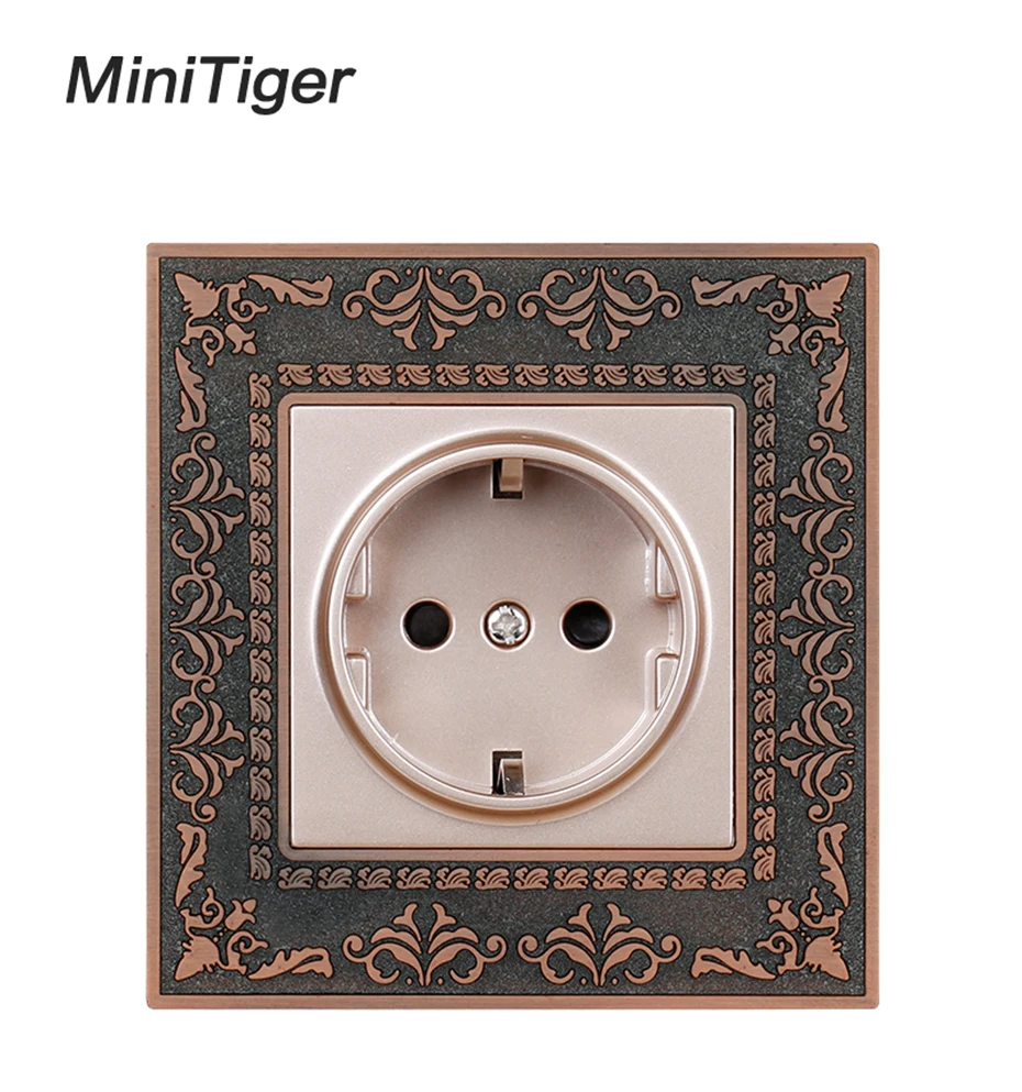 Minitiger 16A EU Standard Gold Power Socket 4D Embossing Retro Zinc Alloy Panel Wall Power Socket AC 110~250V