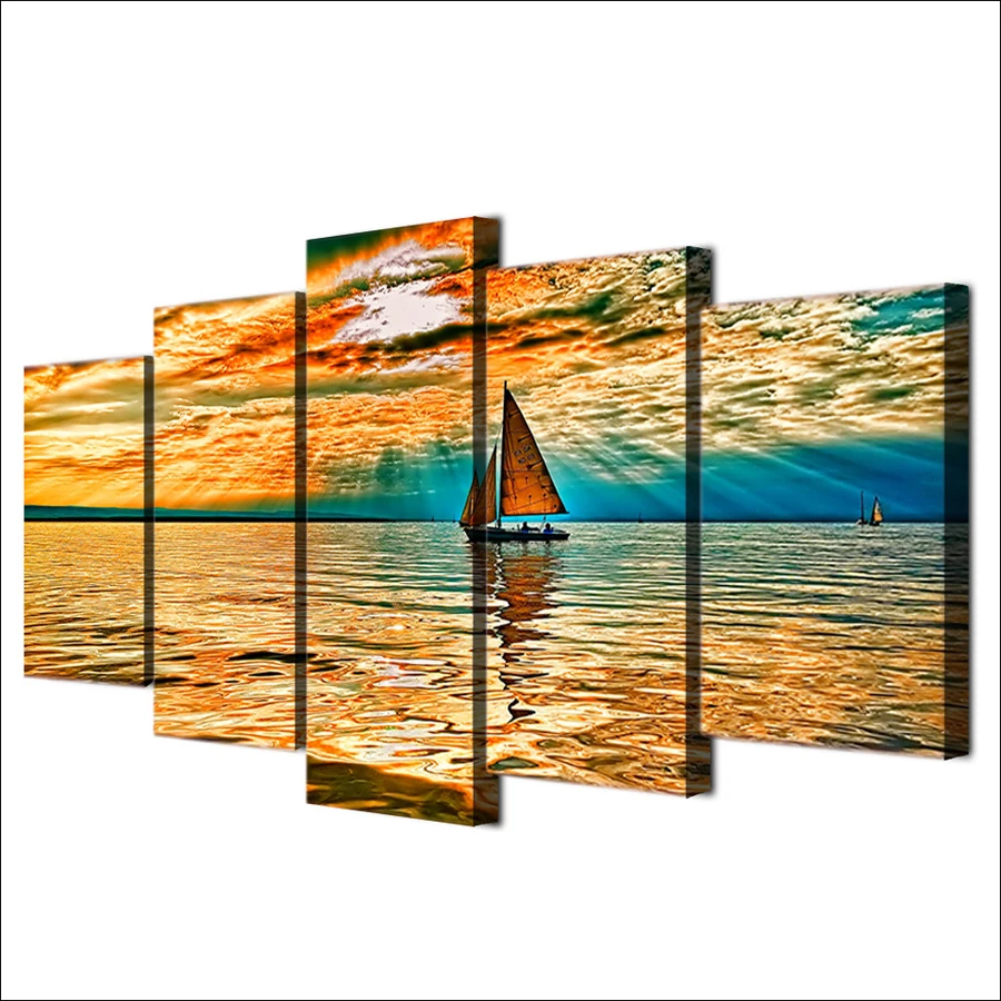 Drop Shipping HD Printed 5 piece canvas art sky clouds sun rays lake sailboat Painting Canvas Print room decor print | Дом и сад