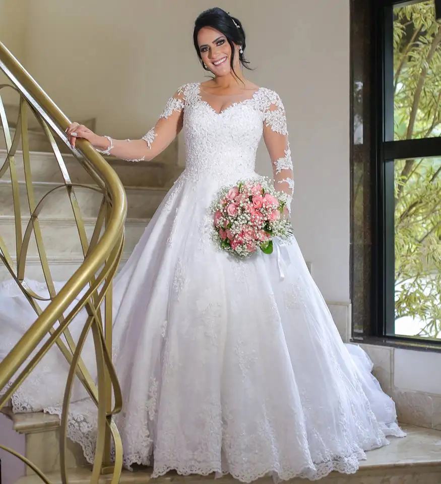 

Vestido de Noiva Scoop Long Sleeves Lace Wedding Dress Chapel Train Robe de mariee Bodas Bead Lace Appliques Gelinlik