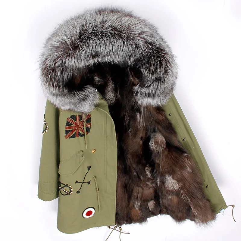 green silver grey Новое поступление, сверло для вышивки, алмаз, зима, для женщин, Настоящее пальто,, парка mujer, натуральный Лисий мех, подкладка, Длинная женская куртка - Цвет: green silver grey