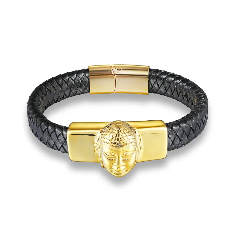 Buddha Gold PunkStyle Geunine кожаный браслет Будда мужские ювелирные изделия мужские браслеты из нержавеющей стали с изображением Льва орла браслеты для мужчин femme - Окраска металла: Buddha Gold