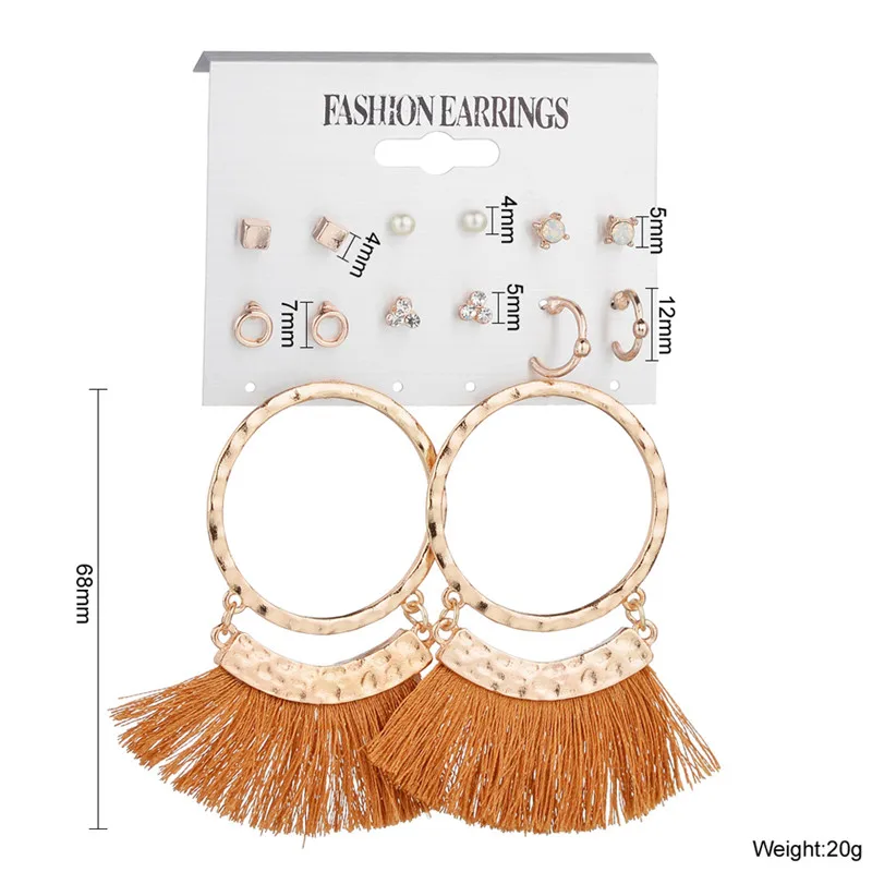New Bohemian Tassel Earrings Set For Women Jewelry Triangles Round Rhinestone Stud Ear Boucle D'oreille | Украшения и