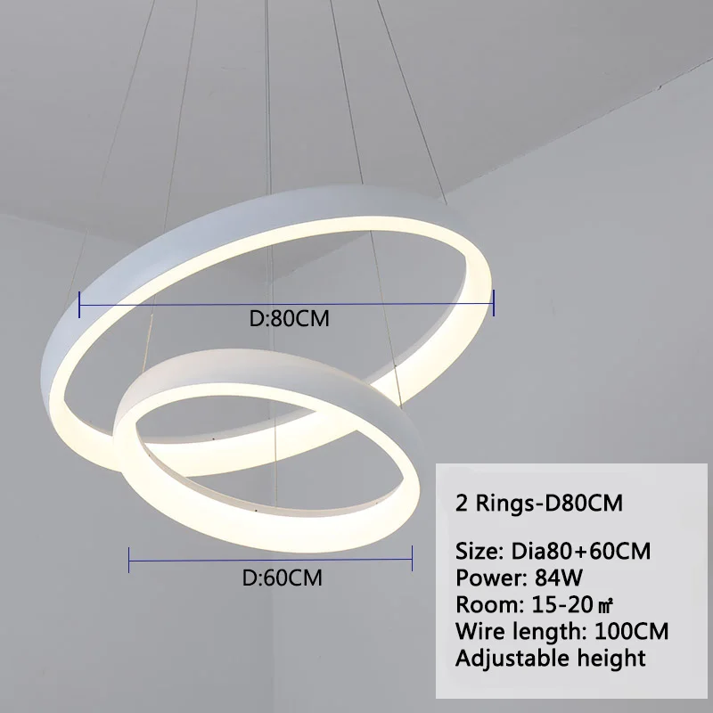 2 Rings D80 60CM Белые/черные/коричневые кольца, современная светодиодная Люстра для гостиной, спальни, кухни, люстра, блеск, подвесная люстра, освещение - Цвет абажура: 2 Rings D80 60CM