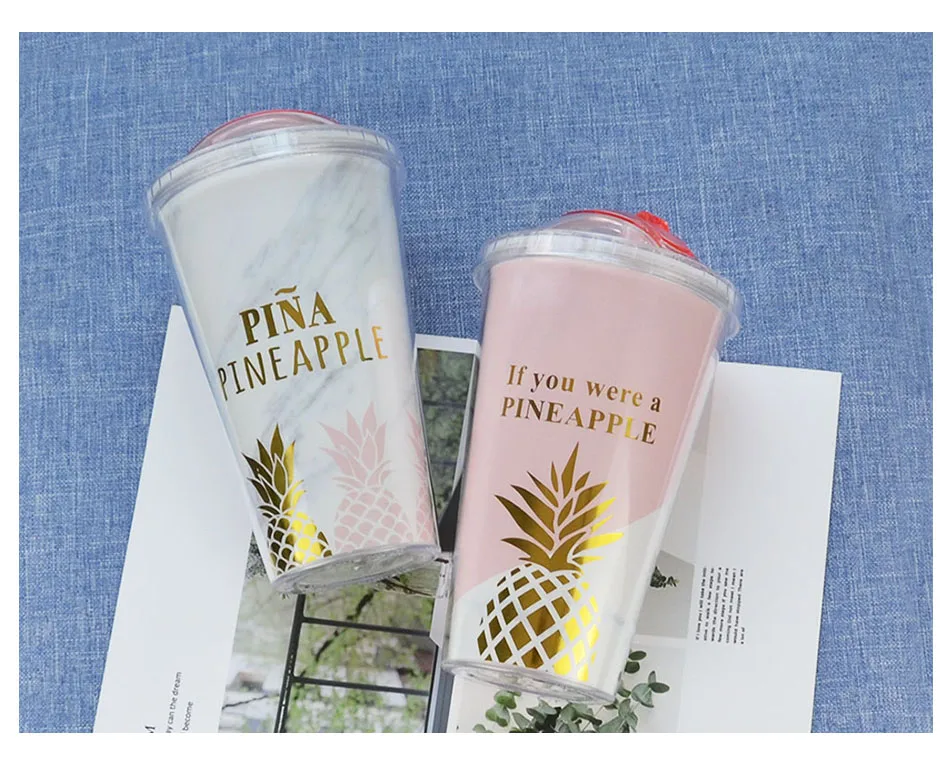 Creative Mugs Plastic Water Bottle Pink Pineapple Pattern Straw Travel Pop Up Portable Tea Milk Cup Drinkware Gifts 420ML