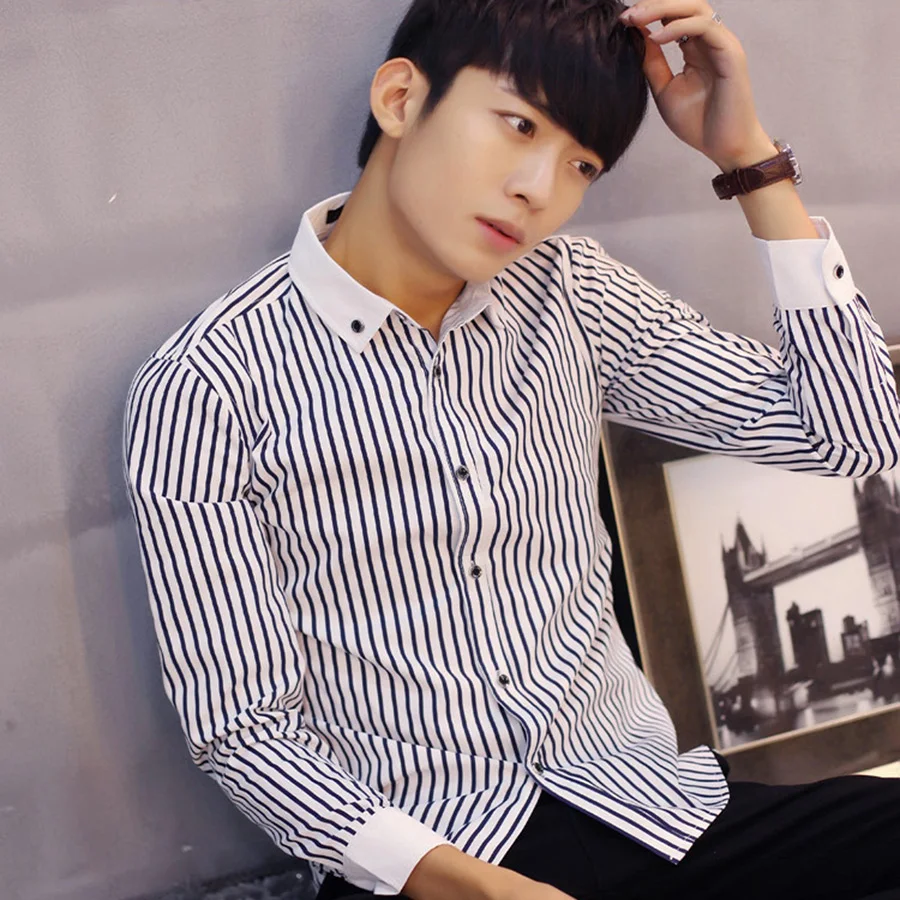 Весенняя Корейская полосатая рубашка с длинным рукавом мужская деловая