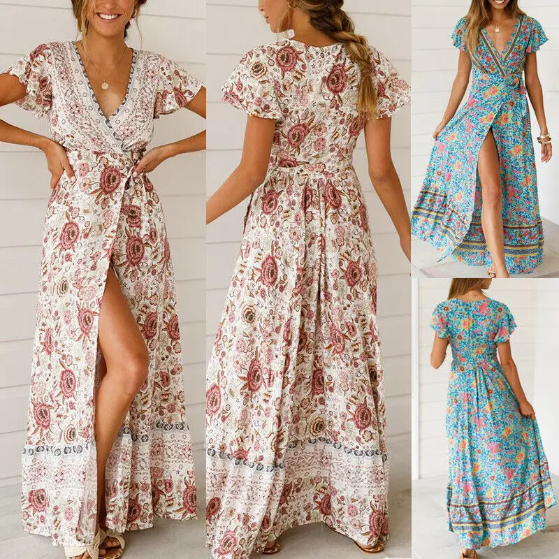Женские Sommer Цветочные Boho lange Maxi Kleid Abend вечерние коктейльные пляжные
