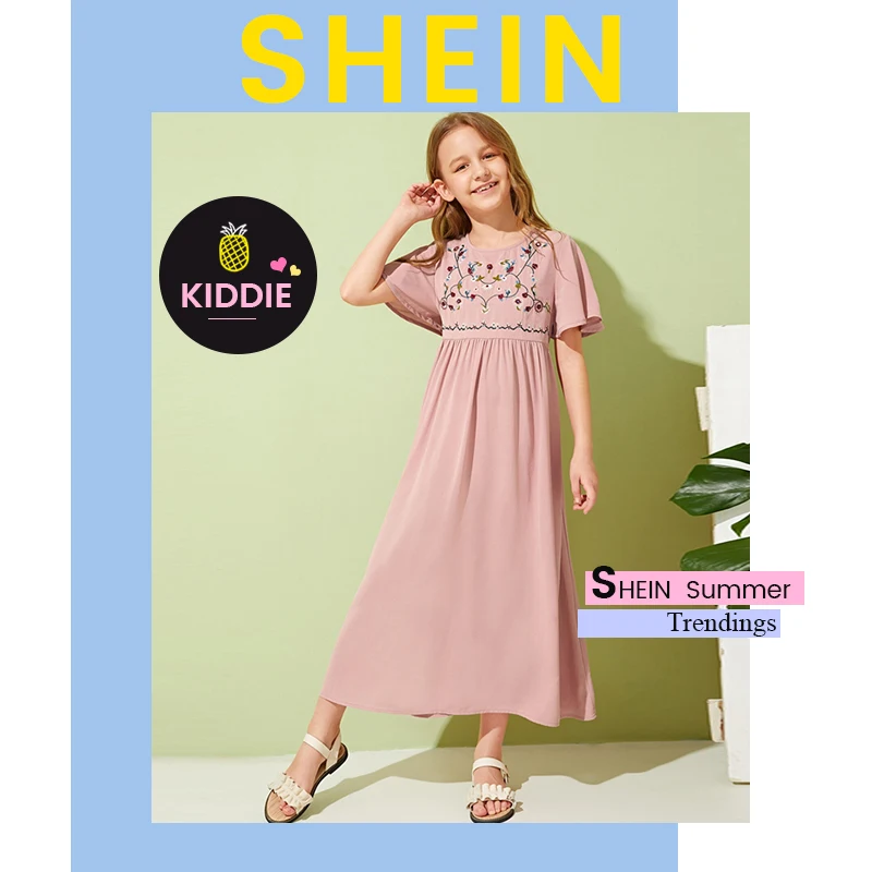SHEIN/Детское платье для отдыха для девочек с вышивкой спереди и пуговицами; коллекция года; летние длинные платья трапециевидной формы с рукавом-бабочкой в стиле бохо для детей