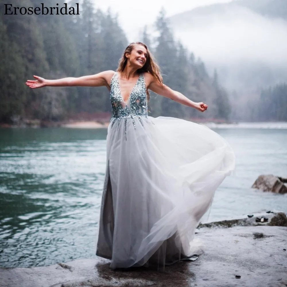 Женское платье с разрезом спереди Erosebridal расшитый бусинами лиф v образным вырезом