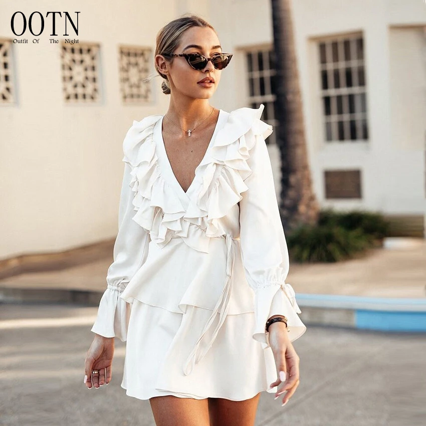 OOTN Белый Мини Короткое платье для женщин с длинным рукавом Осень Зима
