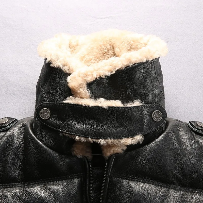 

Lamb Fur Collar Genuine Leather Jackets Motorcycle Riding Sheepskin Real Leather Down Jacket Men Winter Fashion Luxury Coat Male