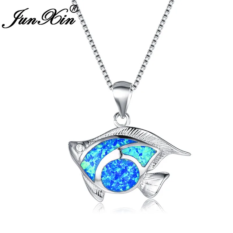 JUNXIN Ocean Blue Fire Opal Fish Pendant Necklaces For Women Men Silver Color Mystical Birthstone Necklace Wedding | Украшения и