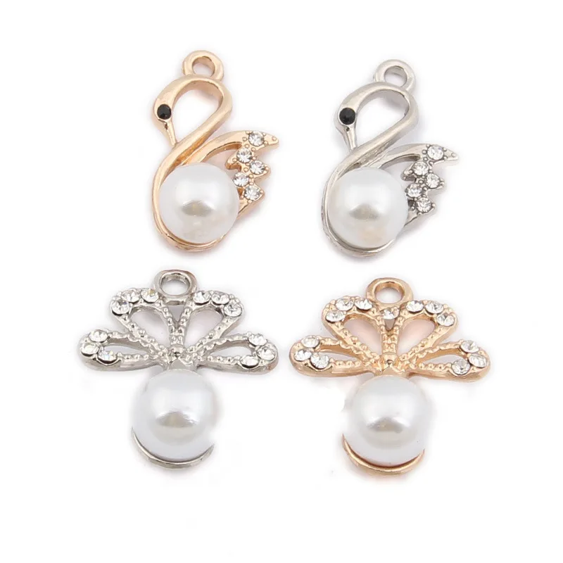 

Newest 40pcs Fashion Silver Gold Tone Alloy Charms Round White Pearl Decorated Animal Swan Flower Earring Pendant Crafts