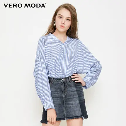 Hotel blue Vero Moda Новая Женская Полосатая плиссированная рубашка с v-образным вырезом | 318351504 - Цвет: Hotel blue