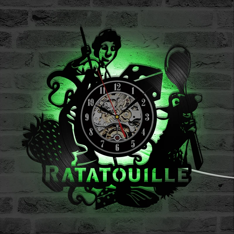 Ratatouille Cartoon Vinyl Record Wall Clock Kids Room Decoration Vintage Vinyl LED Clocks with 7 Backlight Wall Watch Home Decor
