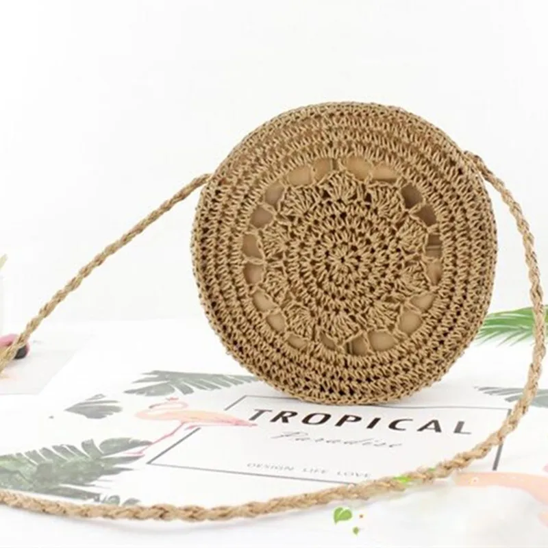 Light brown Круглая женская сумка круглый полый плетеный соломенный цветок сумка на плечо Повседневная вязаная сумка через плечо для девочек сумки для путешествий и отдыха - Цвет: Light brown