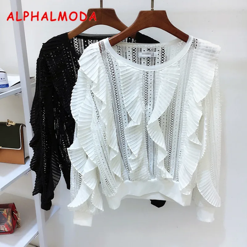 ALPHALMODA Осенние новые кружевные блузки с оборками в полоску сексуальные женские