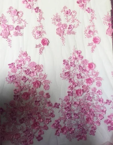 Кружевная ткань 5 ярдов красивая синяя с объемными цветами телесного фиолетового