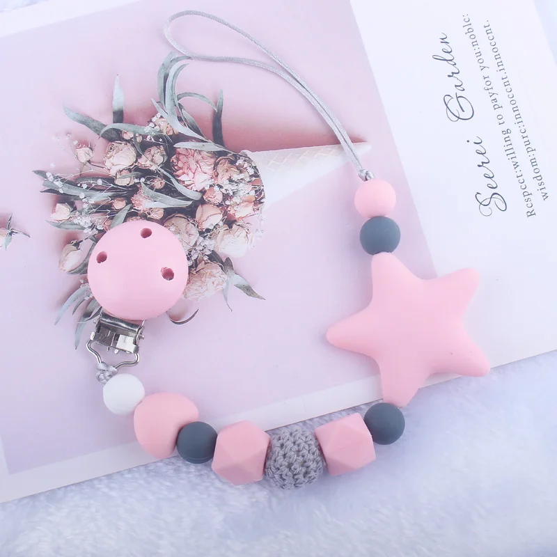

Newest Pacifier Clips Chain Eco-friendly Newborn Baby Teething Clip Food Grade Silicone Star Feeding Chain
