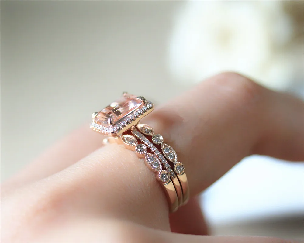 DUPUY VS 7*9mm Emerald Cut Morganite Engagement Ring Set Art Deco Half Eternity Diamond Wedding 3pcs 14K Rose Gold | Украшения и
