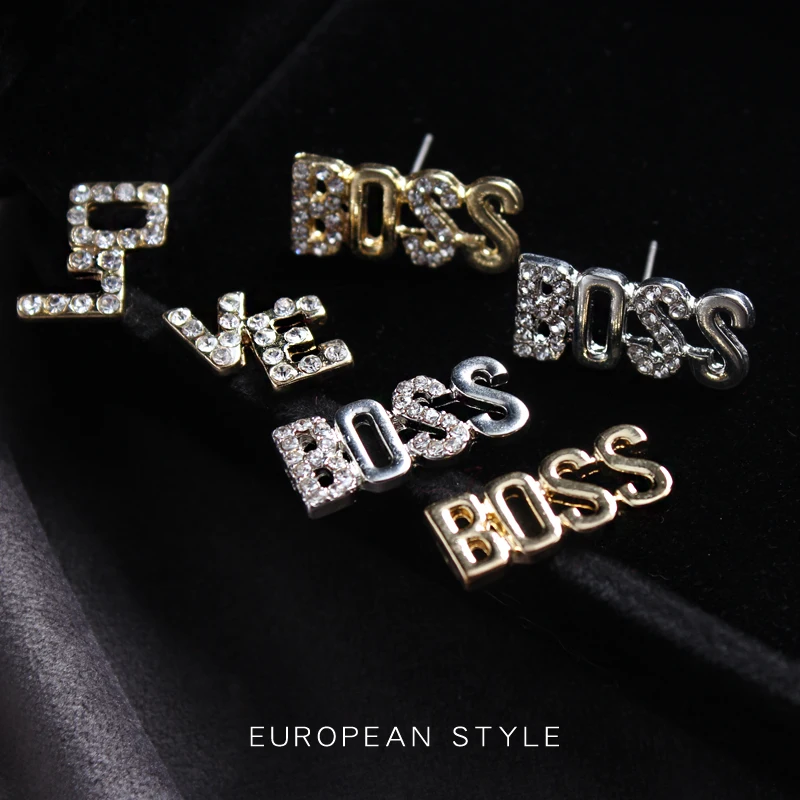 Женские серьги гвоздики с кристаллами Boss Love золотого серебряного цвета