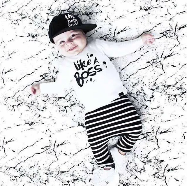 

2020 Baby Boys Clothes Casual Cotton Long Sleeve Like A Boss White T-shirt+Stripe Pants 2PCS Baby Boy Clothing Sets Infant Suit