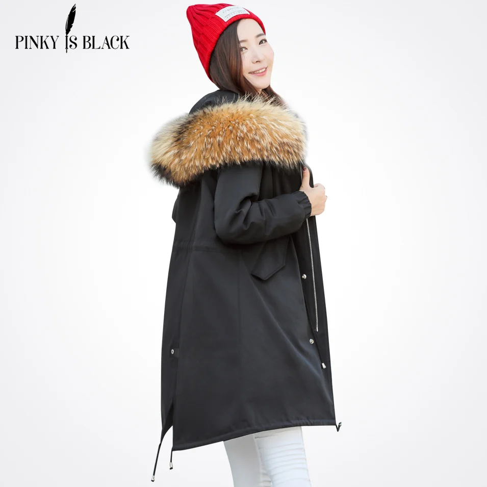 Женская меховая парка с длинным капюшоном Pinky Is Black зимнее пальто хлопковой