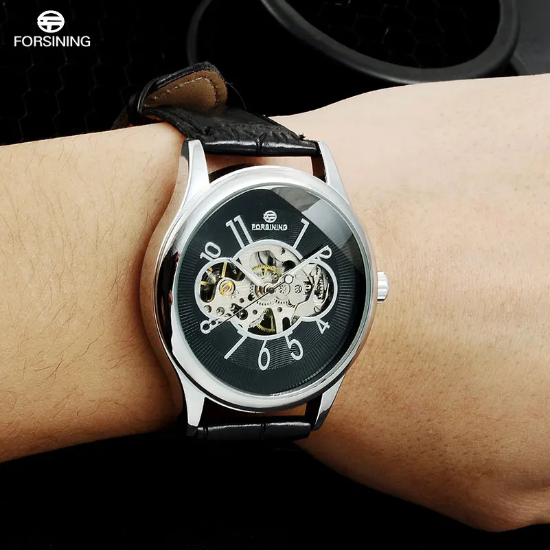 FORSINING 2017 мужские модные повседневные часы механические с ручным заводом черные