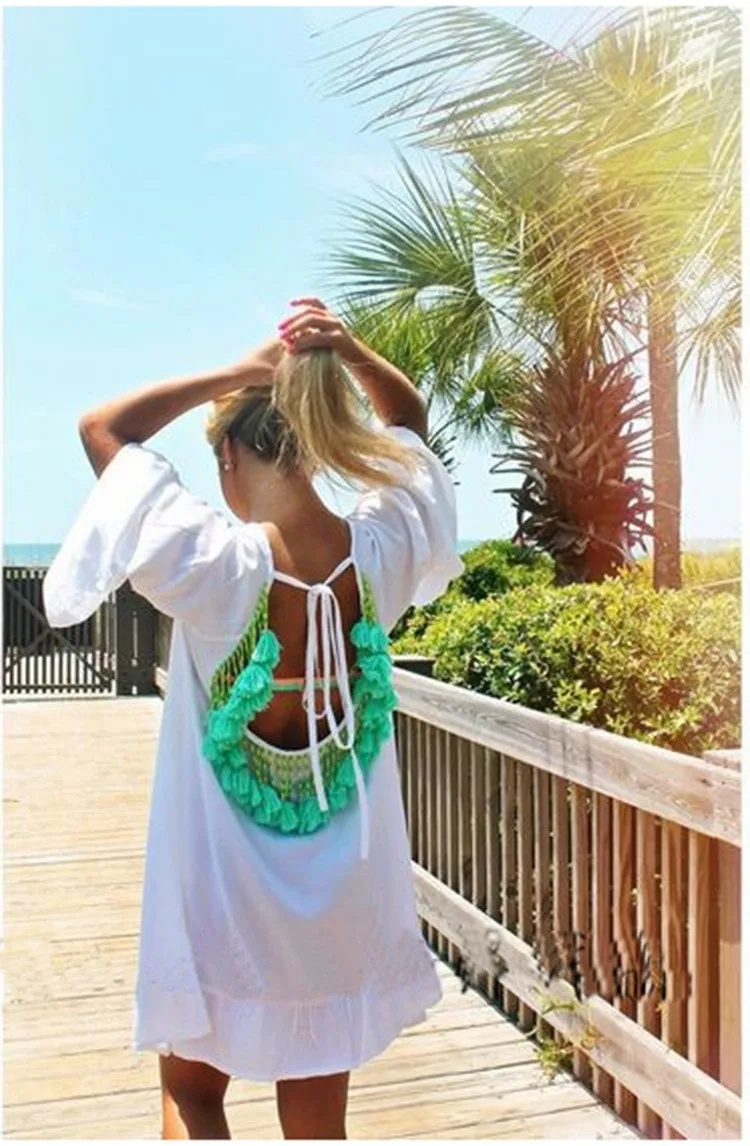 Женское летнее платье с открытой спиной кисточками накидка пляжная одежда