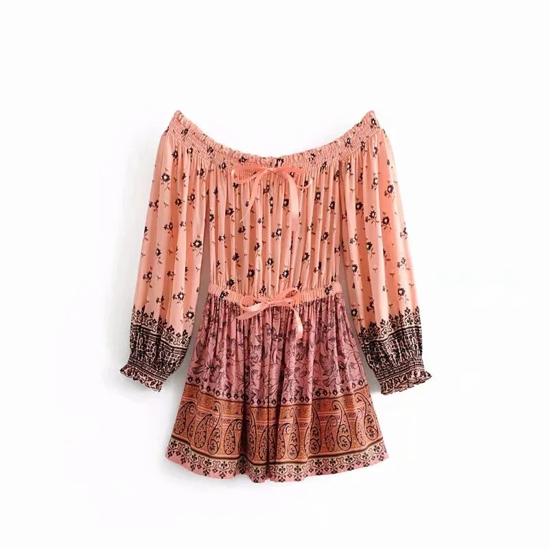 

Women Summer Dress 2019 New Print Tube Top Pink Positioning Print Stitching Dress