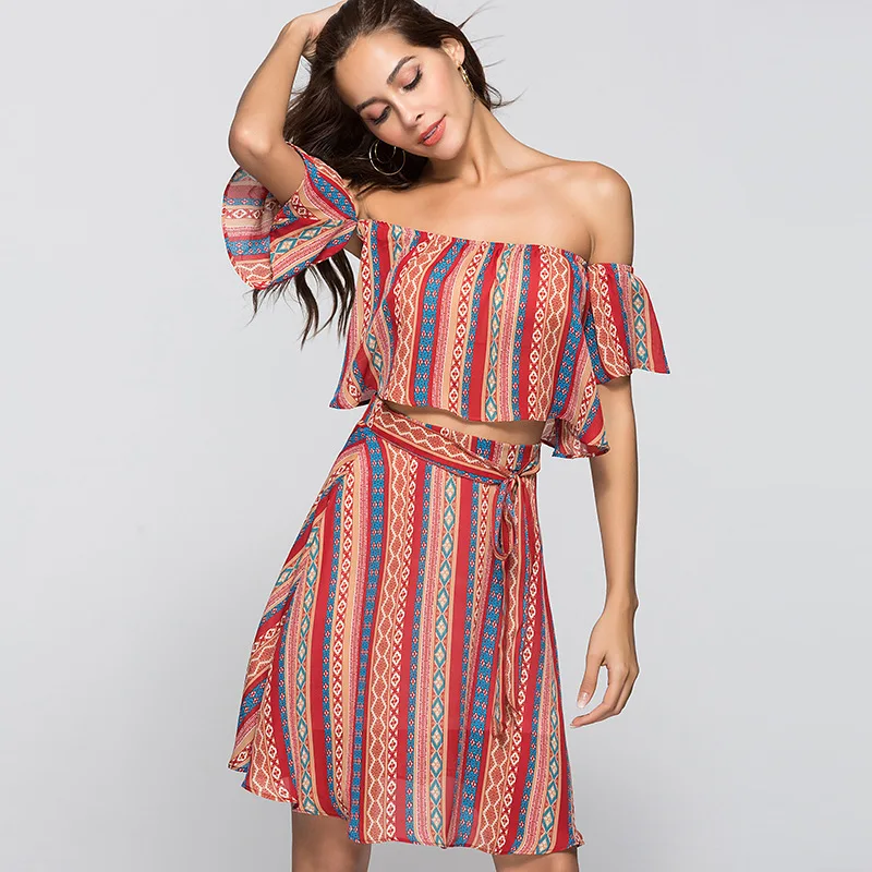 Vmay 2018 New Arrival Women Bohemian Summer Dress Holiday Wind Wrapped Chest Strapless Two-piece One-neck Collar Waistband | Женская