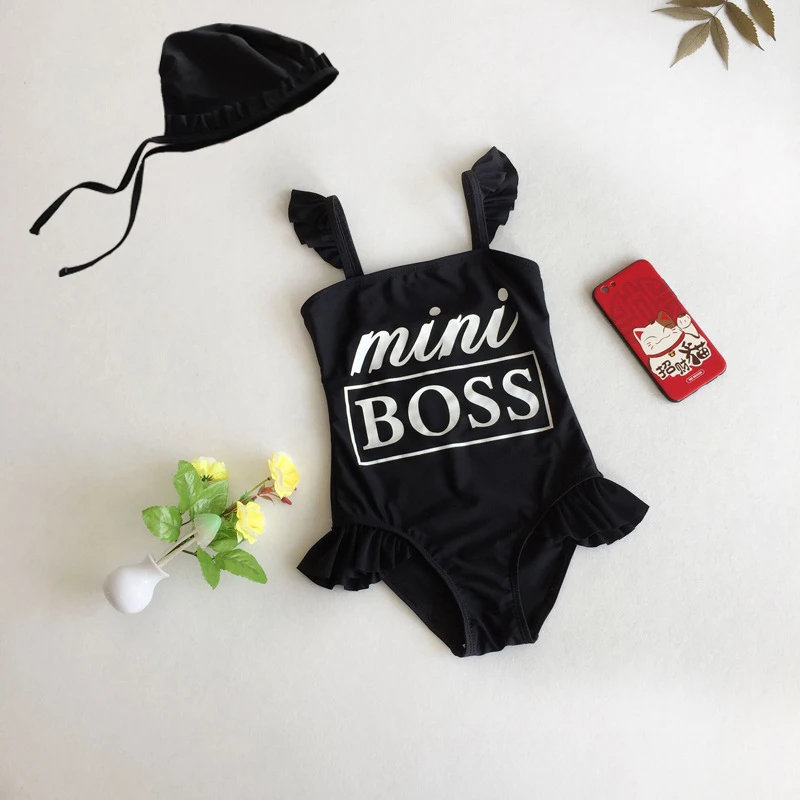 

New Alphabet Girls Swimwear Set With Hat Cute Children's Swimming Clothes Baby Girls Sweet One-piece Bikini Swimsuit Beachwear