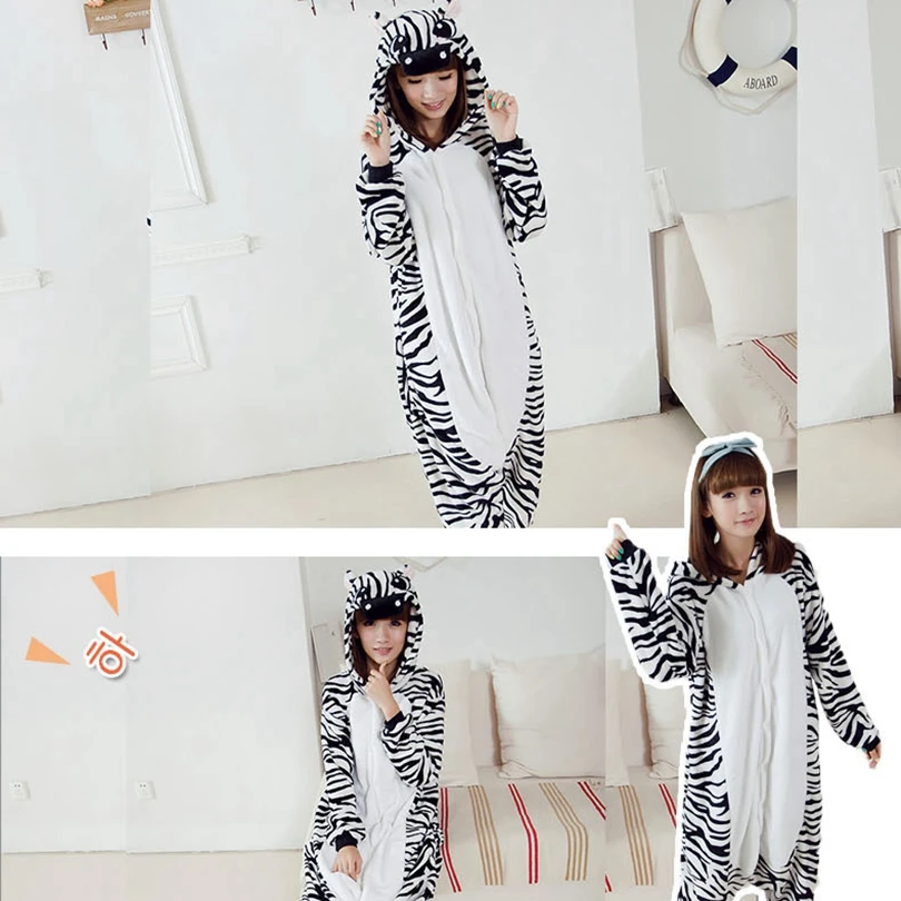 Животные кигуруми Зебра костюм Взрослый Девочка Дети Onesie фланель Хэллоуин Женщины аниме-комбинезон Маскировка цельный костюм