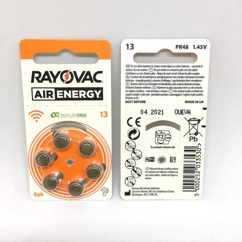 60 шт Rayovac Air Energy Высокопроизводительные батареи слухового аппарата. Цинк воздуха 13/P13/PR48 батарея для BTE слуховых аппаратов
