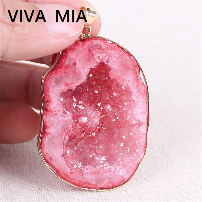 

Geode Natural Stone Jewelry Gold Plating Crystal Pendant Ice Quartz Agates Necklace Green Agates Cut Charms Pendants
