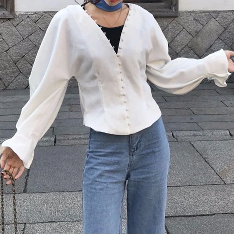Женская винтажная Блузка boho белая рубашка на пуговицах с рукавами