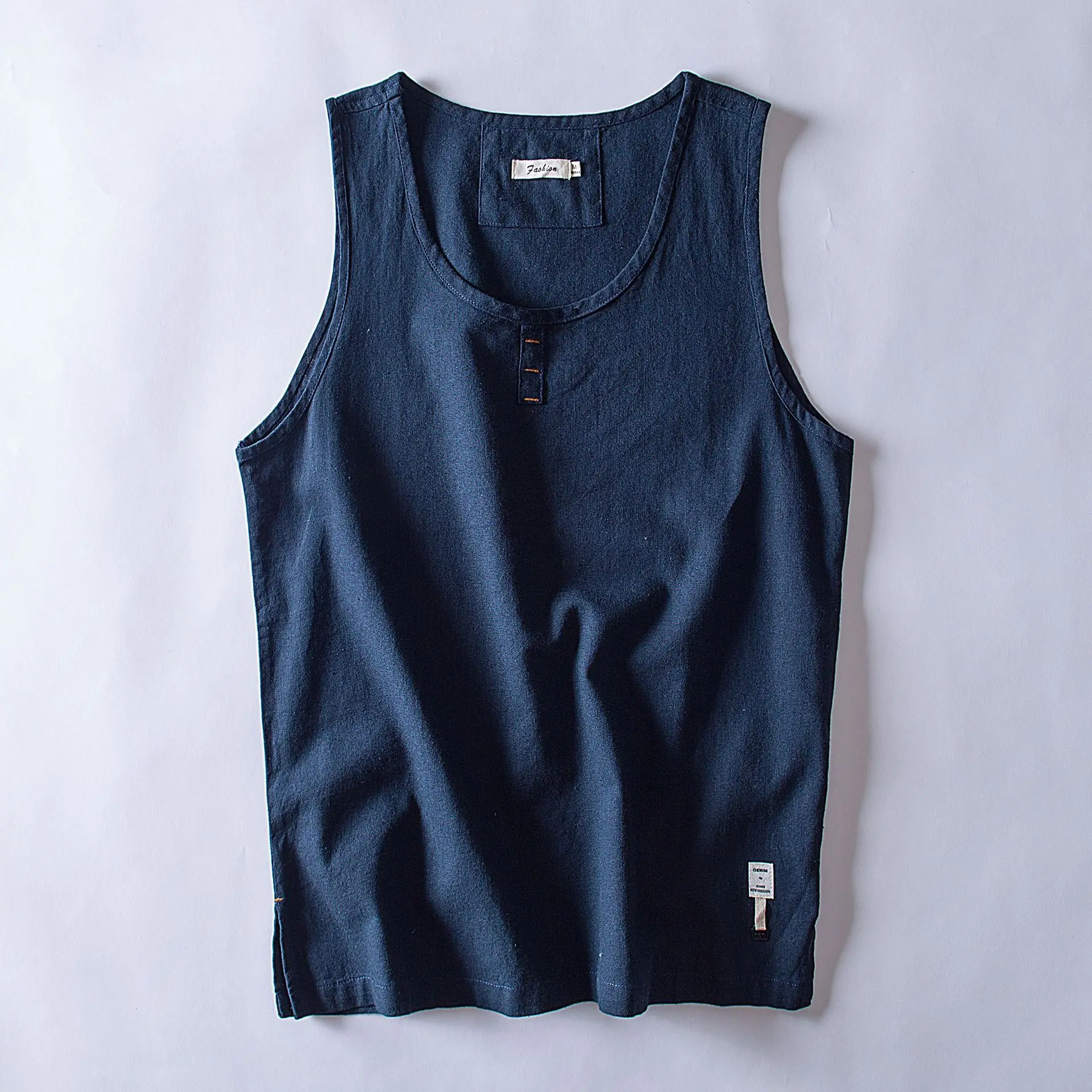 Dark Blue Летняя мода досуг чистый цвет хлопок и лен многоцветная свободная ткань мужской жилет Искусство Новое без рукавов Размер M L XL-4XL - Color: Dark Blue