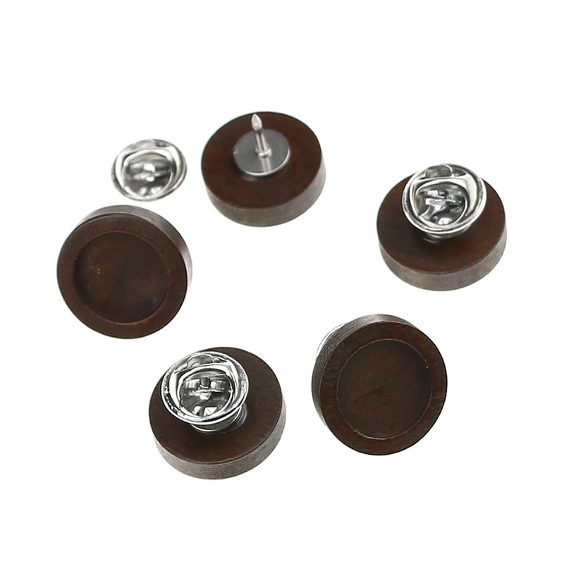 Retro brown 10pcs wood Brooch Cabochon Base Holder stainless steel Pin Badge For Diy Jewelry Making Finding fit 12 | Украшения и