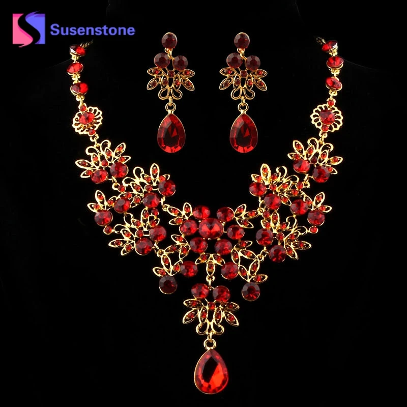 Susenstone новые женские Кристальные стразы, серьги, ожерелье, ювелирный набор, для свадебной вечеринки, новые женские свадебные ювелирные изделия для выпускного вечера