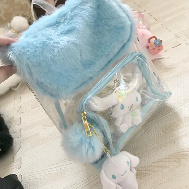 Япония Харадзюку девушки Kawaii Bling Прозрачный школьный рюкзак пушистый Itabag прозрачный рюкзак плюшевый мяч подарок