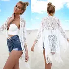 Женская летняя кружевная накидка на бикини с кисточками, однотонная Белая Купальная одежда с длинным рукавом, пляжный топ, кафтан, кайдиган, накидки