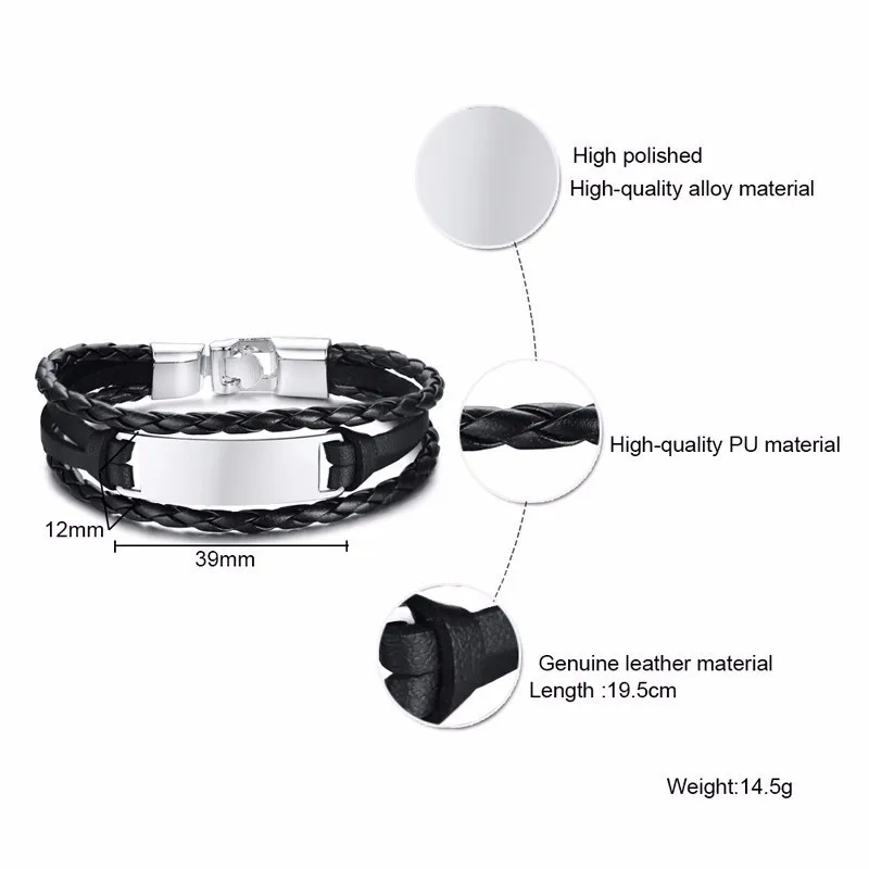 Простой Классический Многослойный кожаный браслет для мужчин из нержавеющей