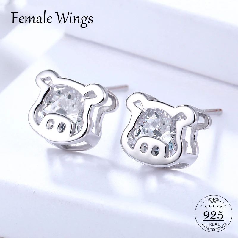 Female Wings Cute 925 Sterling Silver Zircon Stud Earrings for Women Little Pig Lovely Girl Party Jewelry Gift FE040 | Украшения и