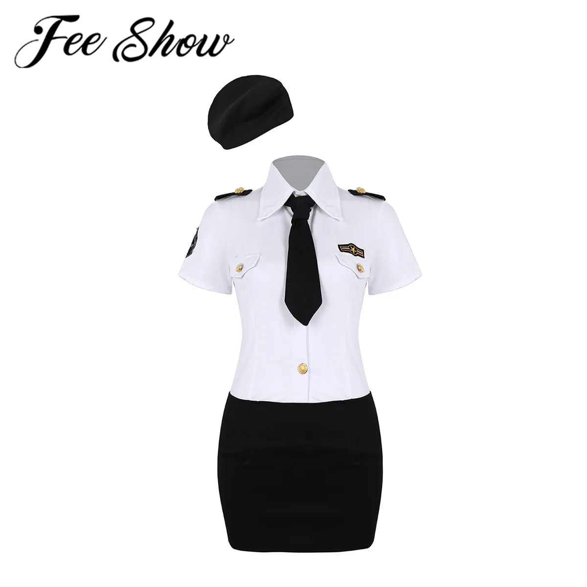 

Women Girls Police Officer Halloween Cosplay Policewoman Uniform Role-playing Games Costume Shirt & Mini Bodycon Skirt Hat Tie