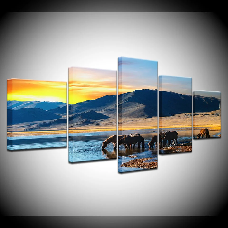 5 шт./компл. лошадь пить воду фотографии Wall Art Картины изображение Печать на холсте