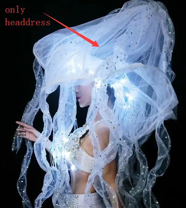 Headdress Сексуальное Белое жемчужное бикини женский костюм светодиодный бюстгальтер с кристаллами шляпа ночной клуб бар сценический наряд модель Подиум DJ представление танцевальная одежда - Цвет: Headdress