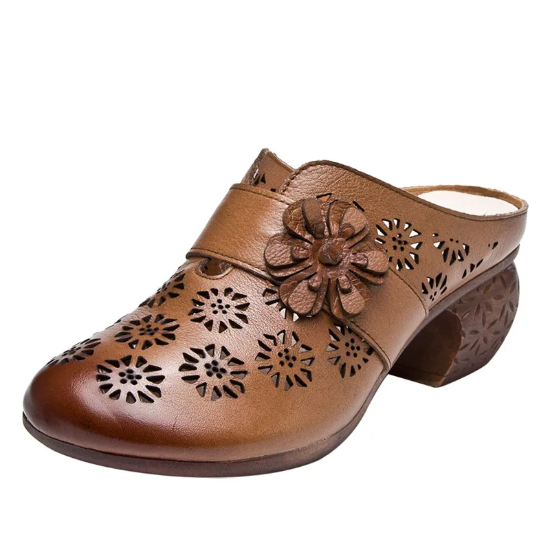 

GKTINOO Genuine Leather Women's Shoes Summer Slippers Female Flowers Casual Slippers Thick High Heels Flip Flops