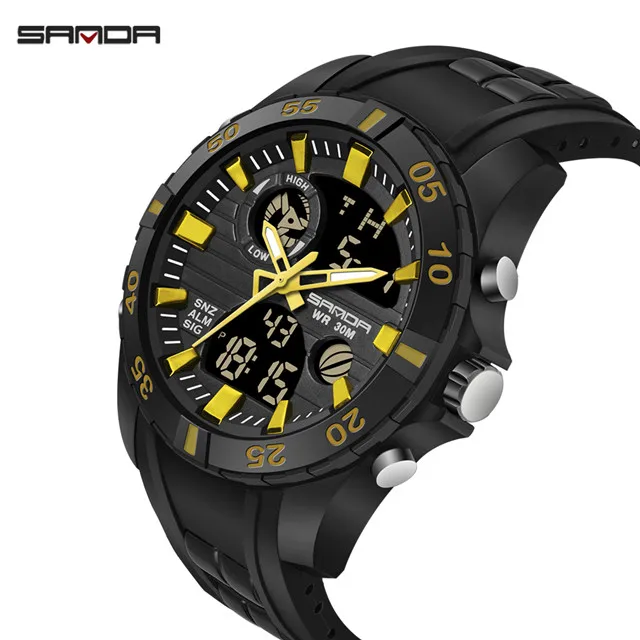 black gold SANDA, новинка, S Shock, мужские спортивные часы, большой циферблат, кварцевые, цифровые часы для мужчин, люксовый бренд, светодиодный, военные, водонепроницаемые, мужские наручные часы - Цвет: black gold