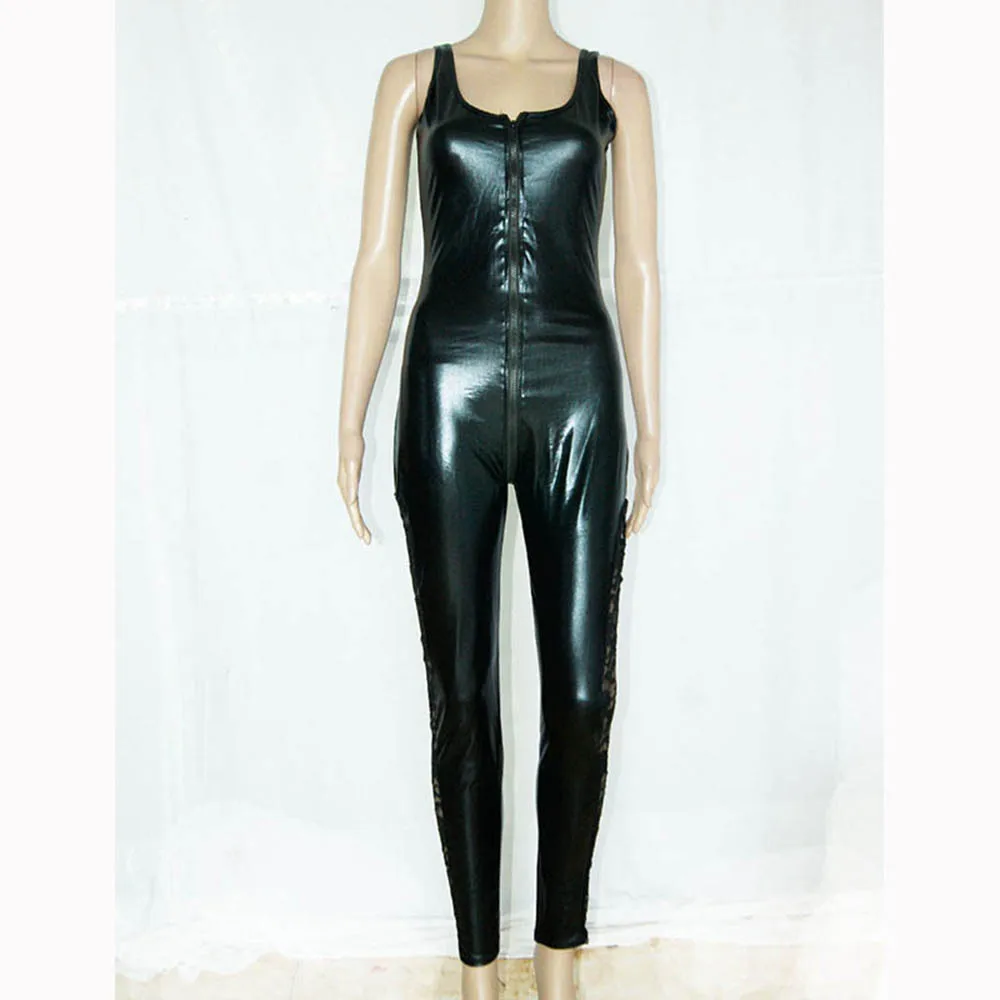 Женский Длинный комбинезон из искусственной кожи черный виниловый на молнии