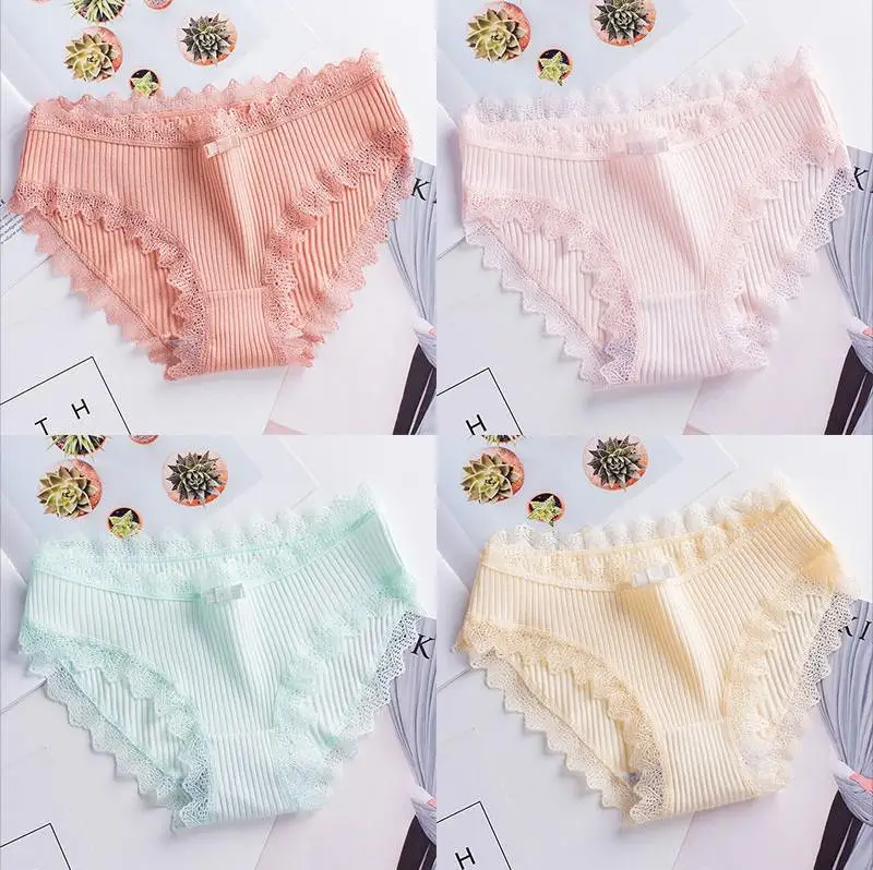 image 4 pieces Женское нижнее белье, летнее хлопковое однотонное кружевное нижнее белье для девочек, повседневные сексуальные дышащие тонкие трусы с низкой талией - Цвет: image 4 pieces